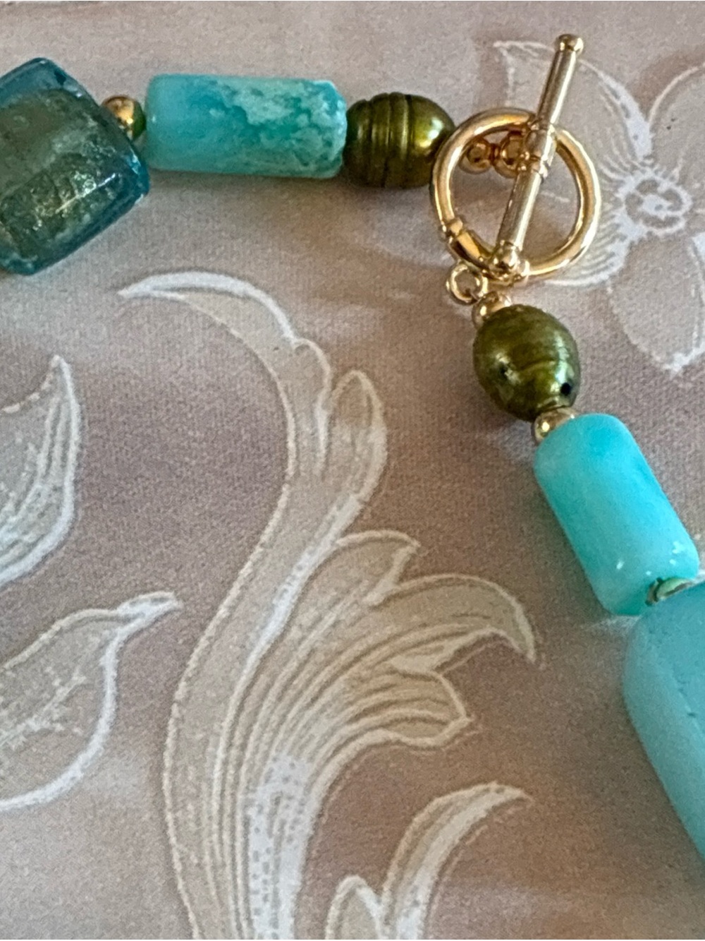 Hand crafted necklace with stone, pearl, and art glass beads in aqua and green - Picture 7 of 7